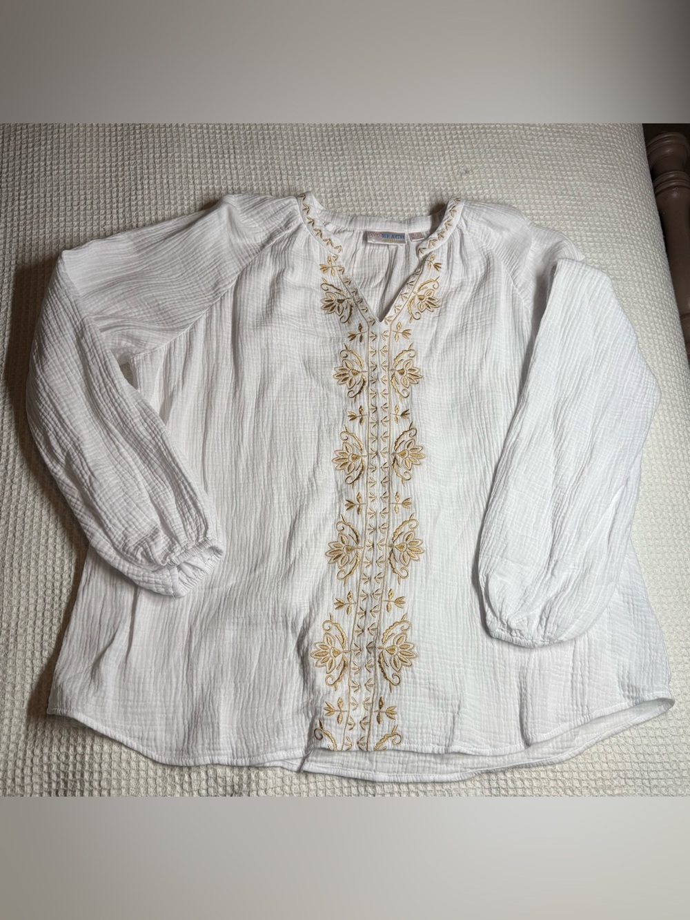 Belle by Kim Gravel White Tunic with Gold Floral Embroidery